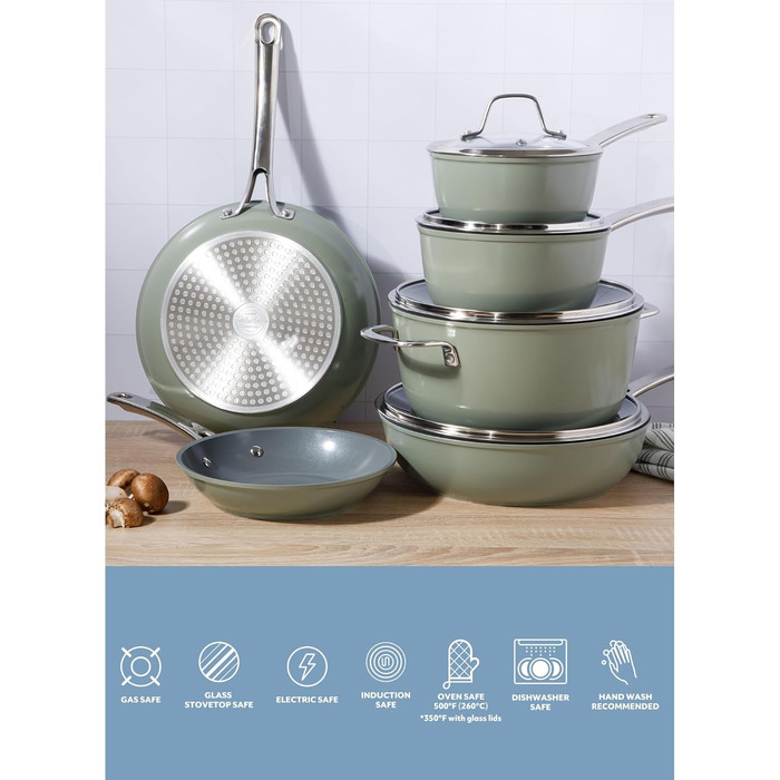 Набір кухонного посуду Sur La Table Kitchen Essentials, 13 предметів, керамічне покриття, антипригарне, для індукційних плит, знімний ручка, зелений