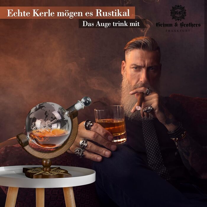Grimm & Brothers: Compass Decanter - Genuine Wood - Whiskey Decanter 850ml with Congratulatory Card - Whiskey Accessories - Men's Gifts - Globe Whiskey Decanter - Gift Set - Alcohol - Whiskey Decanter