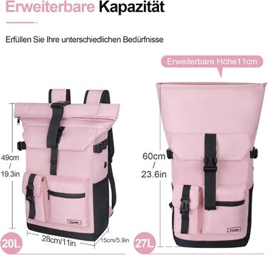 Roll-top Backpack Waterproof, 27L Large Backpack Men Women, School Backpack with 17.3 Inch Laptop Compartment, Travel Backpack Hiking Backpack for Business Work College Travel Leisure (Pink)