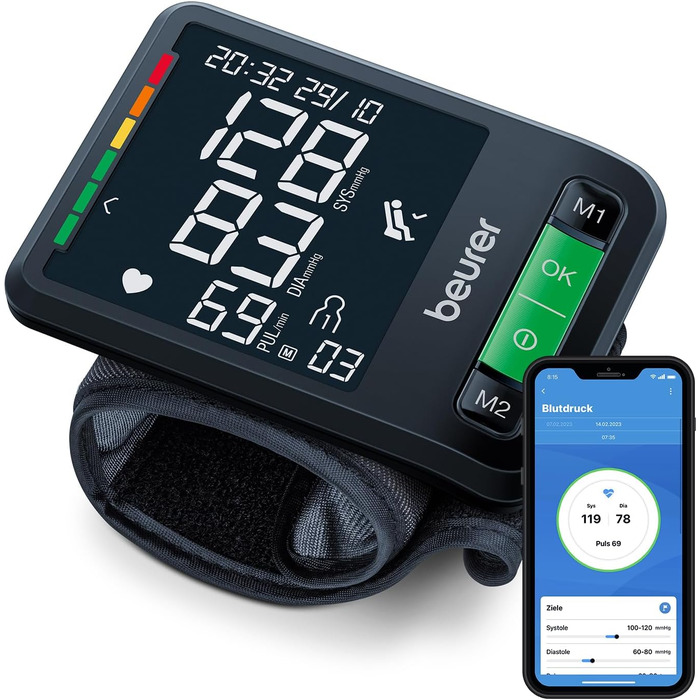 Тонометр на зап'ястя Beurer BC 54 з технологією Inflation, індикатор ризику, виявлення аритмії, об'єм зап'ястя 13,5-21,5 см, з додатком, передача даних до Apple Health та ін. 2 x 60 місця для пам'яті (2 x 120 місця, Single)