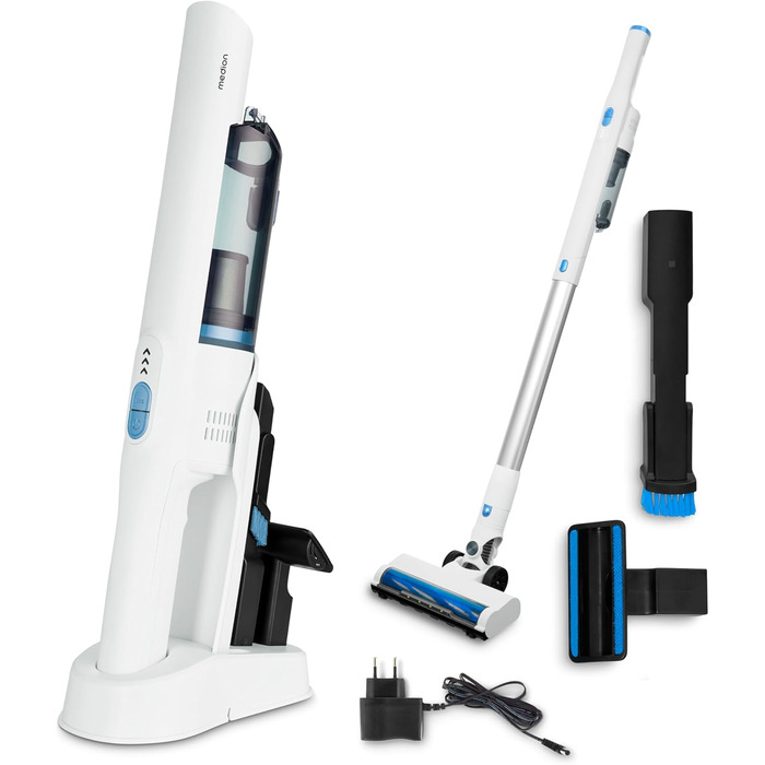 MEDION MD11515: Бездротовий акумуляторний пилосос 2-в-1 (білий) з насадкою для підлоги та трубою, BLDC мотор, HEPA 13 фільтр, 20 kPA, станція зарядки