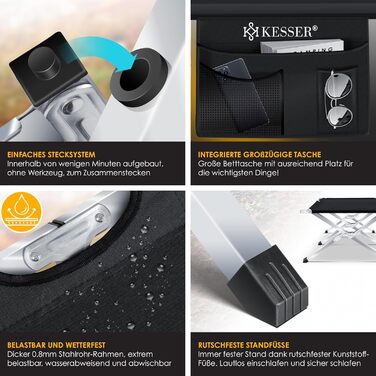 Кемпінгове ліжко KESSER® розкладне з сумкою, ліхтарем та бічною кишенею. Стабільне, металеве, 150 кг, 600D Oxford, 190/210 см, чорне
