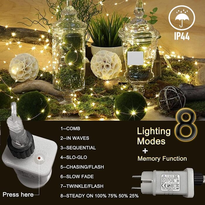 Гірлянда світлодіодна Gresonic 200/300 LED, мікро-сріблястий дріт, для декору інтер'єру та екстер'єру, тепле біле світло, 8 режимів