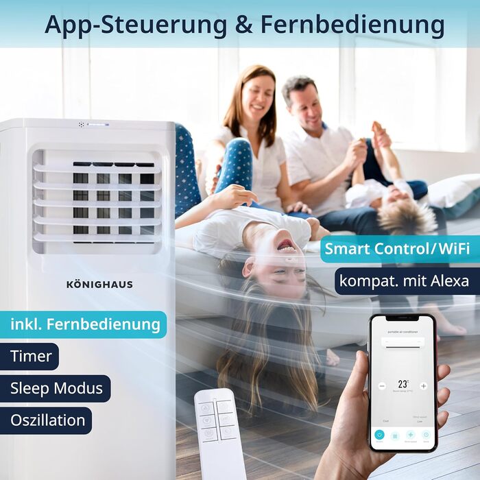 Мобільний кондиціонер Könighaus Smart: охолодження, осушення, вентиляція, очищення повітря | 2.1 кВт (9000 BTU) | з пульт керування, таймер, Sleep-Mode