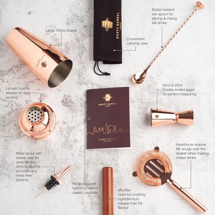 Rusty Barrel Roségold Cocktail Shaker Set - Premium Stainless Steel Bar Set with Shaker, Muddler, Strainer, Jigger, Spout, Spoon, Recipe Book & Gift Box