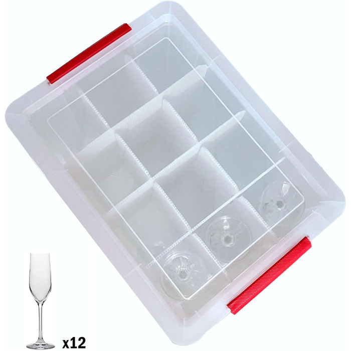 SUNDIS Glass Store, 27L Storage Box with Snap-On Lid, with 24 Compartments for Storing Stemware, Transparent Plastic, Reinforced, Stackable (Champagne Glasses)
