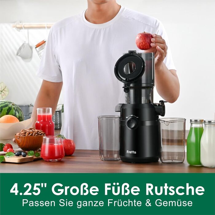 Шнекова соковижималка Fretta Slow Juicer з широким завантажувальним отвором для цілих овочів та фруктів, BPA-free Tritan, 1 л, чорна