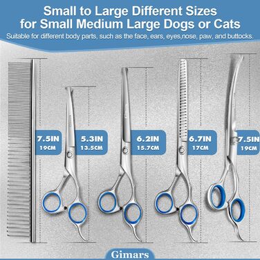 Професійна ножиця для собак 5-в-1 Gimars: 4CR сталь, безпечна закруглена накінечник, титанове покриття, пряма, філірувальна та вигнута (Блакитний)