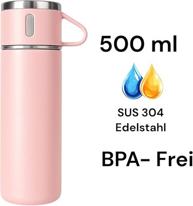 Термофляга 500 мл з нержавіючої сталі – 2 чашки з ручкою – без витоку, BPA-free – з щіткою для чищення – рожева