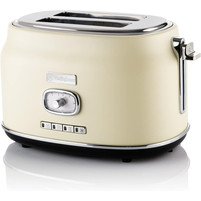 Тостер Westinghouse Retro на 2 скибки, знімна насадка для булочок, 6 режимів підсмажування, центрирування хліба, функції розморожування, підігріву та зупинки, індикатор, висувний піддон для крихт, білий, модель WETW2