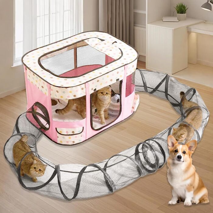 Клітка-забіг для цуценят, сіра, для дому, складна, портативна, прямокутна, для кошенят, цуценят, кроликів (L), рожева, з тунелем