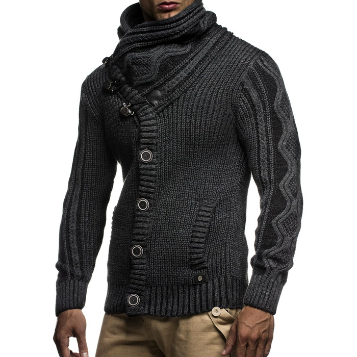 Чоловічий светр Leif Nelson з коміром-шарфом, Slim Fit, теплий, зимовий, великий в'язання, чорний худі-светр з довгими рукавами, XL, антрацит-чорний