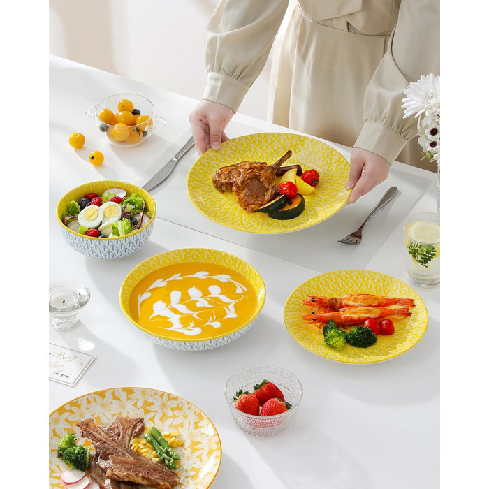 Набір посуду Vancasso Selene на 6 осіб, 24 елементи: тарілки, супові тарілки, миски, десертні тарілки з пастельного порцеляну. Підходить для мікрохвильової печі.