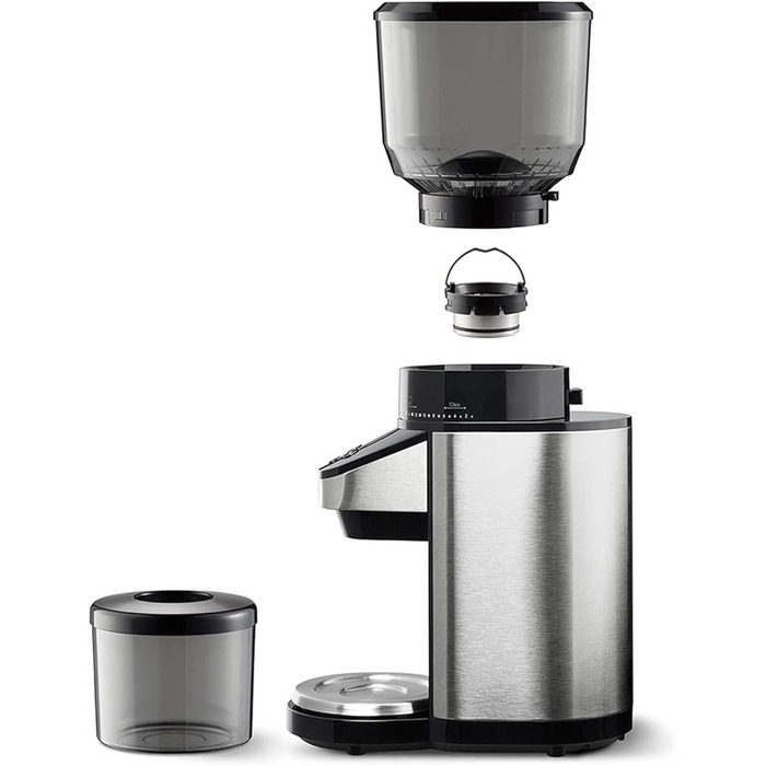 Електрична кавомолка Tchibo з вбудованими вагами, з нержавіючої сталі, конічні жорна, 26 ступенів помолу, чорно-срібна