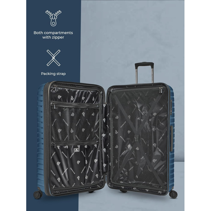 Чохол-валіза на колесах | Розширюваний середній валіза 45 x 25 x 66 см, 67-75 літрів | з поліпропілену, 4 подвійні колеса, TSA-замок (Колекція 04) | Колір: Navy Blue Metallic, Набір валіз (3 шт.)