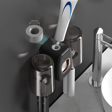 Настінний тримач для зубних щіток з автоматичним дозатором пасти, електричний для 4 щіток, 2 стаканчики, без свердління (чорний)