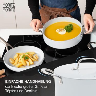 Moritz & Moritz 7-Piece Aluminum Cookware Set with Lids, Induction Compatible - 2x Saucepan with Lid, 1x Serving Pan with Lid, and 1x Frying Pan, Induction Cookware Set for All Cooktops, Grey