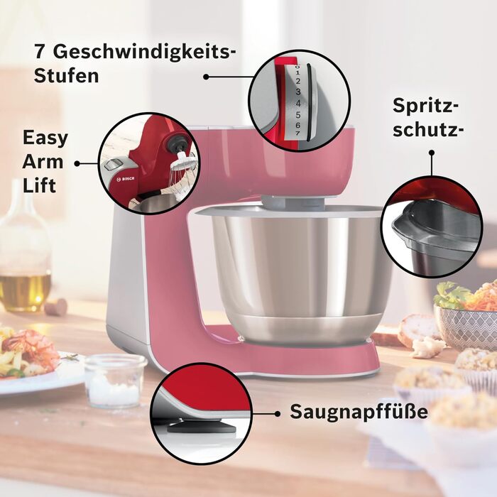 Кухонний комбайн Bosch MUM58720 Серія 4, 1000 Вт, 3,9 л, міксер 1,25 л, планетарне змішування, насадки для тіста і збивання, шинкувальна насадка, нержавіюча сталь, темно-червоний/сріблястий