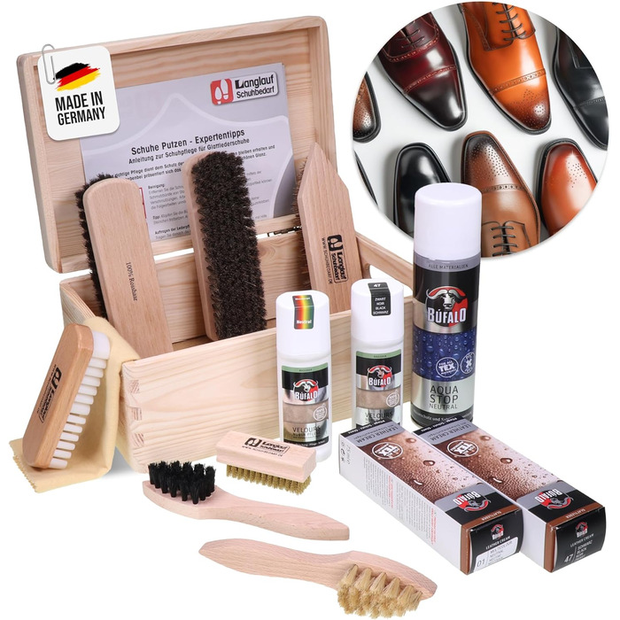 Rosshaar Shoe Care Set, 15-Piece - Extra-Large Rosshaar Polishing Brushes - Large Bologna Shoe Shine Box with Contents - Shoe Brush Set for Leather Shoes & Sneakers