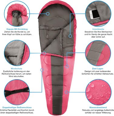 Сплячий мішок Active Era Mumienschlafsack - зимовий та літній, водонепроникний, вітрозахисний, ультралегкий, температурний режим -10°C до 10°C, компактний, для кемпінгу (рожевий)
