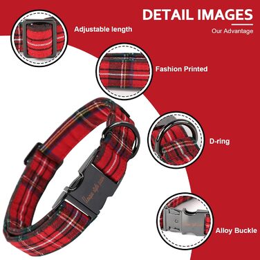 Нашийник для собак Unique Style Paws, регульований, м'який та зручний, в клітинку, для малих, середніх та великих собак, обхват шиї 25,4–40,6 см, червоний