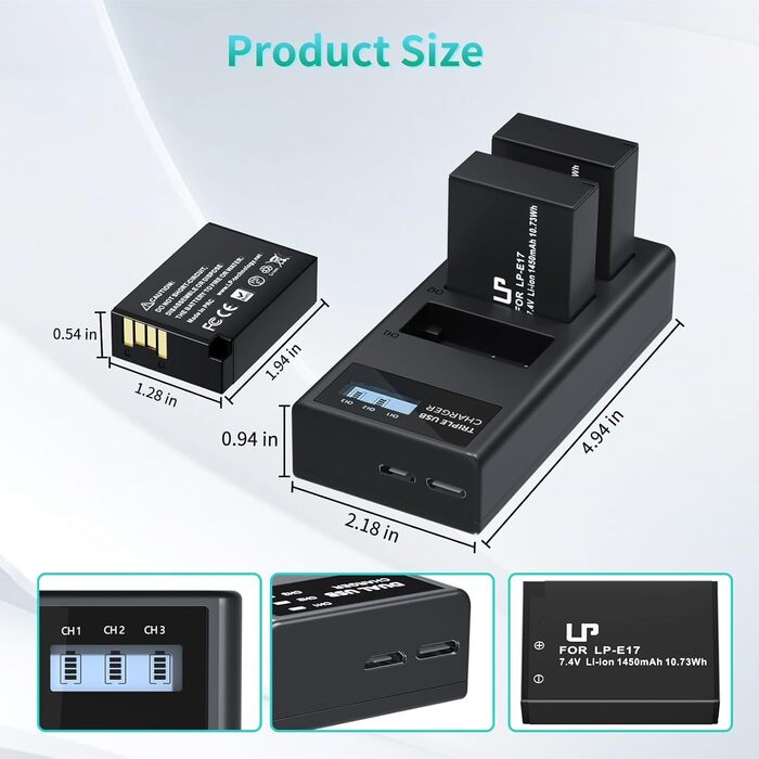 Акумулятор Canon LP-E17 + Двоканальний зарядний пристрій, 2x1450mAh для Canon EOS R8 R10 R50 RP Rebel T6i T7i T8i T6s SL2 SL3 77D 200D 750D 760D 800D M3 M5 M6 Mark II