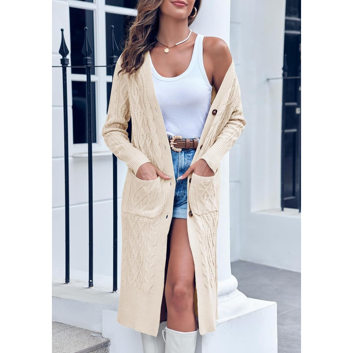 Жіноча в'язана жилетка Imily Bela з відкритим передом, довгим рукавом, візерунком коси та кишенями. Ідеальна на осінь-зиму. XL, бежевий колір