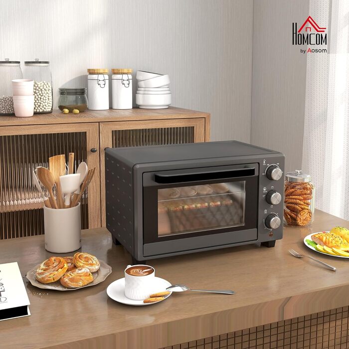 Міні-піч HOMCOM 21 л, 1400 Вт, 100-230°C, таймер, противень, решітка-гриль, вікно, піч для піци, кремово-білий (сірий)