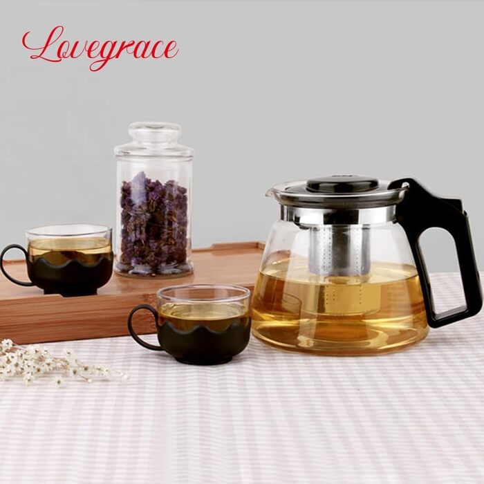 Чайник Lovegrace зі скла з ситечком – термостійкий, придатний для миття в посудомийній машині, з фільтром з нержавіючої сталі, 1500 мл