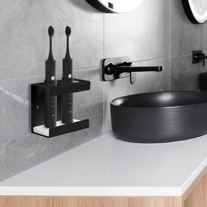 Настінна електрична підставка для зубних щіток, 4 слоти, з мискою з діатоміту, сумісна з AquaSonic, Kingheroes, Oral-B (Чорний)