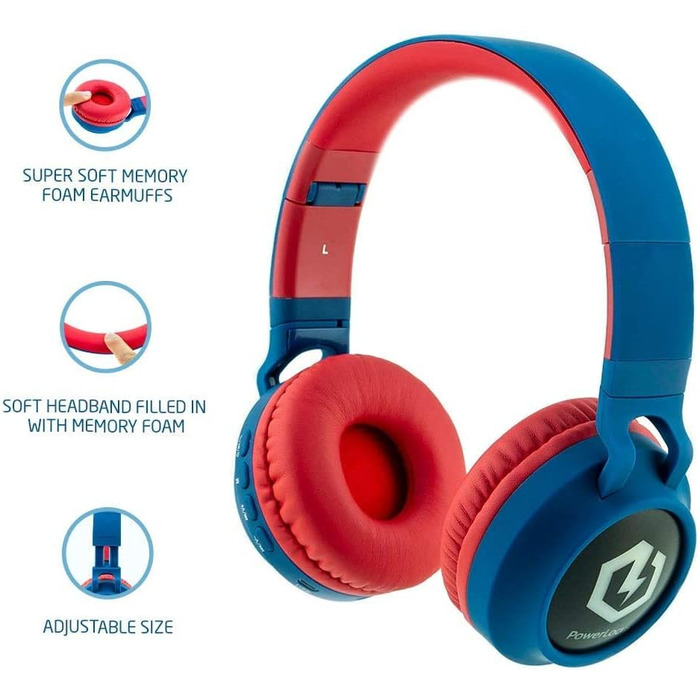 Дитячі навушники PowerLocus Bluetooth Over-Ear з LED-підсвічуванням та обмеженням гучності 85dB, з мікрофоном для телефону, планшета, ПК, ТВ (Синій/Червоний)