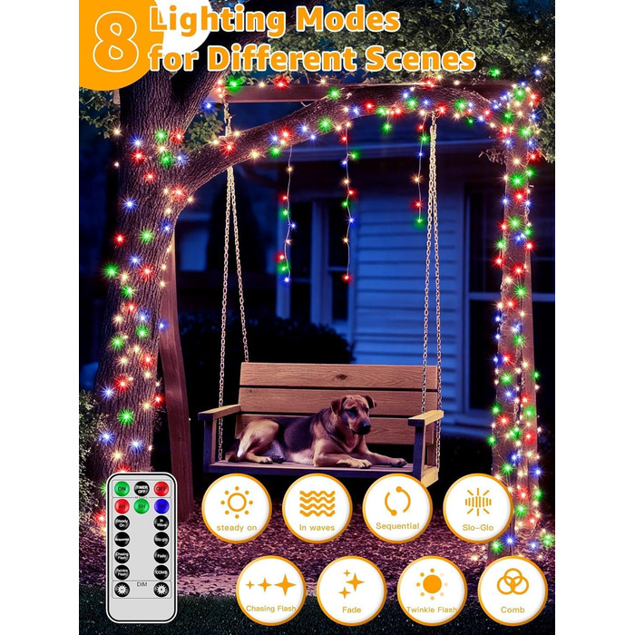 LED гірлянда 10м, 100 LED, тепле біле світло, для дому та саду, святкова прикраса, 8 режимів, таймер, вологостійка