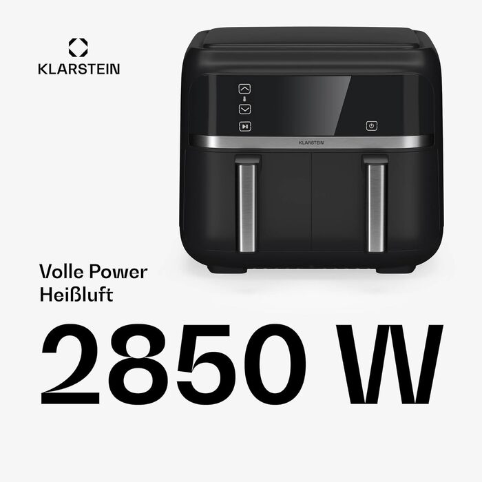 Klarstein Air Fryer, Dual Chamber Hot Air Fryer, 2850W Compact Air Fryer, 7.6L Air Fryer with Touch Control Panel, Timer, Preheat, 6 Modes, Large Hot Air Fryer, Air Fryer XL Black Duo Basic