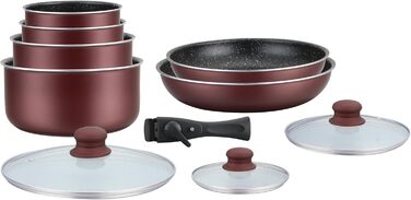 HAGEN, Stone-coated cookware, Removable handle, 10 pieces, Bordeaux, Non-stick coating, Suitable for all burners, including induction, HA04647 Bordeaux red - 10 pieces