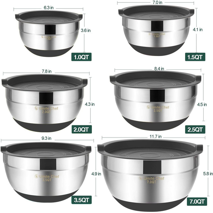 Mixing bowls with airtight lids, set of 6, stainless steel, stackable metal storage bowls, non-slip bottom, sizes 7, 3.5, and 1 QT, ideal for mixing and serving (gray)