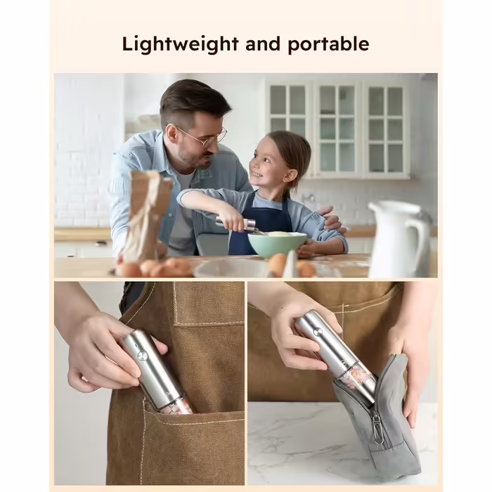 Sangcon Mini Electric Salt and Pepper Grinder Set with Wooden Base, Portable USB Rechargeable Kids' Pepper Grinder, 5 Strengths Adjustable Small Automatic Salt and Pepper Grinder Grinding Mechanism Stainless Steel