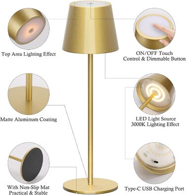 Klighten 2 шт. LED Диммерні акумуляторні настільні лампи бездротові, перезаряджаються, тепле світло 3000K, для внутрішнього та зовнішнього використання з USB-C, алюміній, IP54 водонепроникні, 2 шт. (Золотий, 2 шт.)