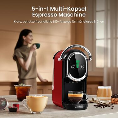 Кавомашина капсульна Magician1 Mini 5в1 для Nespresso, Dolce Gusto, Lavazza A Modo Mio, ESE 44, кавової гущі | 20 bar, 1450 W, LED-дисплей, 7 рівнів води | для дому та офісу, червона