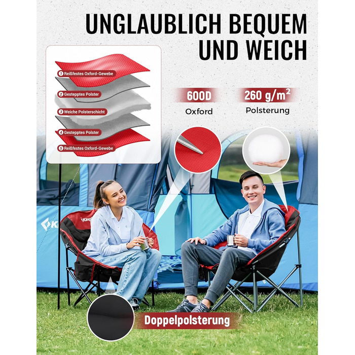 Крісло для кемпінгу KingCamp Moonchair XXL: зручне, з підлокітником, витримує до 205 кг, для відпочинку на природі, саду, риболовлі та балкону (червоний)