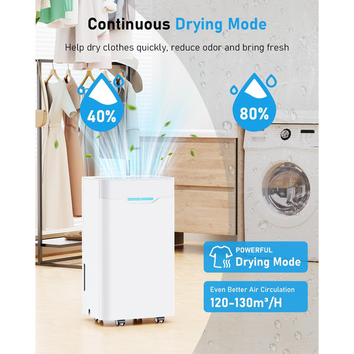 Електричний осушувач повітря 12L/день з таймером 24 год, 3 режими, автоматичне вимкнення, шланг для зливу, для приміщень до 100 м³, білий