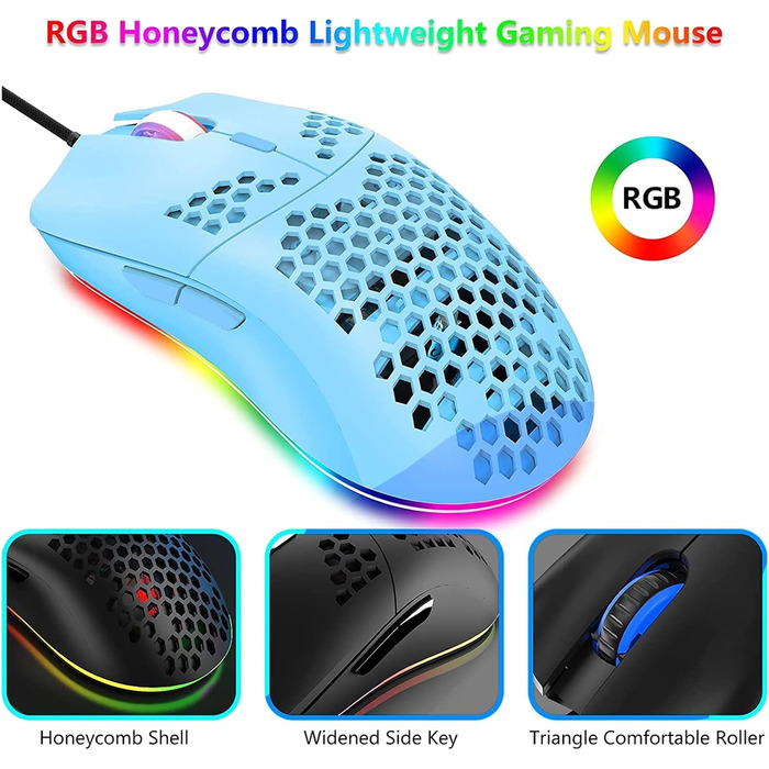 RGB ігровий комплект клавіатури та миші: компактна клавіатура 68 клавіш з червоним перемикачем, миша 6400DPI з програмуванням, сумісна з Windows, Mac, PS4, білий (BlueSwitch CoolBlue Backlit Keyboard White + Green Mouse)