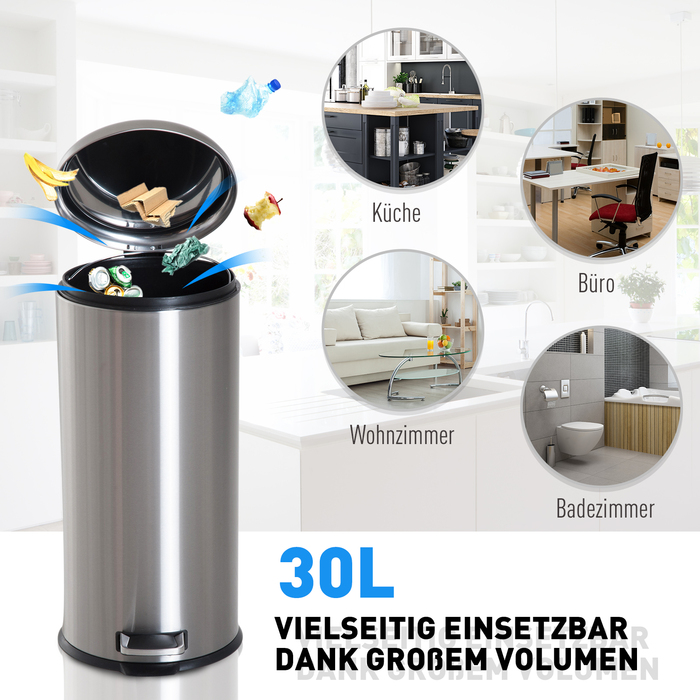 HOMCOM 30L Stainless Steel Pedal Bin with Inner Bucket, Flip Lid, Hygienic and Silver for Kitchen and Bathroom