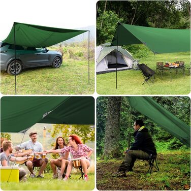 Bessport Waterproof Tarp - 3x4.6m Camping Tarp with Poles, Stakes & Rope - UV Protection, Multipurpose Tent Tarp (Green)