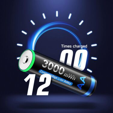 CITYORK Акумулятори AA Li-Ion, 4 шт., 1.5V, 3000mWh, з зарядним пристроєм Bay LCD Micro USB, швидка зарядка, захист від перевантаження