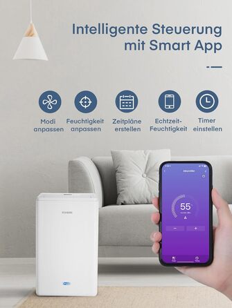 Розумний осушувач повітря з Wi-Fi та додатком, 20 л/24 год, для приміщень до 135 м³ (50 м²), об'єм бака 4.2 л, захист від переливу, таймер 24 год з режимом прання, осушувач для підвалу, спальні, ванної кімнати