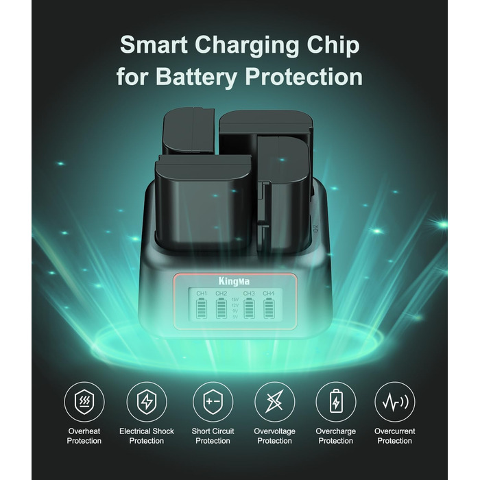 Зарядний пристрій King Ma для акумуляторів камер, 4-канальний, 45W PD, LED-дисплей, сумісний з Sony A7III/A7IV/A7RIII/A7RV/A7C/A7CII/A6700/A9/A9III/A1/ZV-E1/FX3/FX30