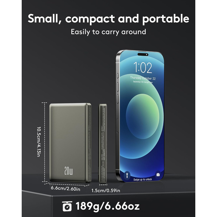 Power Bank Ntaanoo MagSafe 10000mAh для iPhone: Швидка зарядка 20W, Бездротове заряджання, Чорний (сірий)