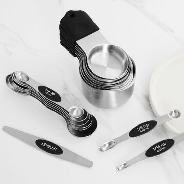 Magnetic Measuring Cup and Spoon Set with Strong Magnets, Durable Stainless Steel Measuring Cup and Spoon Set, Fits Most Kitchen Spice Jars for Baking and Cooking, 15-Piece Set with