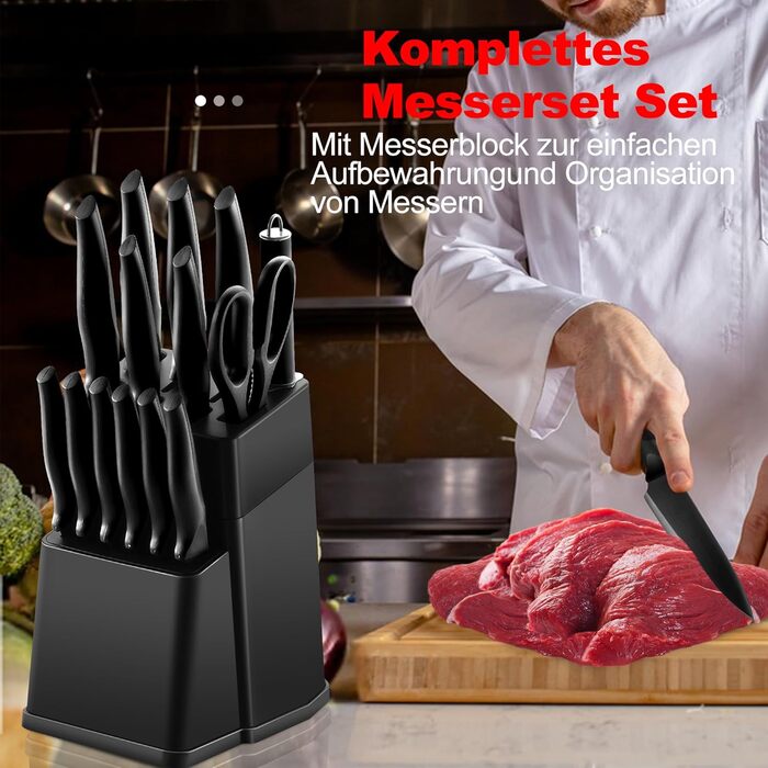 Набір ножів Joyfair 15 предметів з підставкою, з високоякісної нержавіючої сталі, з точильним каменем, кухонний набір з кухонним ножем, ножем для хліба, ножицями та ножами для нарізки та подрібнення, чорний