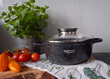 Набір каструль Hoffner, алюміній з мармуровим покриттям, чорний, 17 предметів